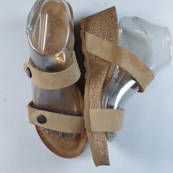 yokono Shoes - Yokono 9 Suede Double Strap Cork Wedge Heel Slide Sandals Light Brown Tan Spain